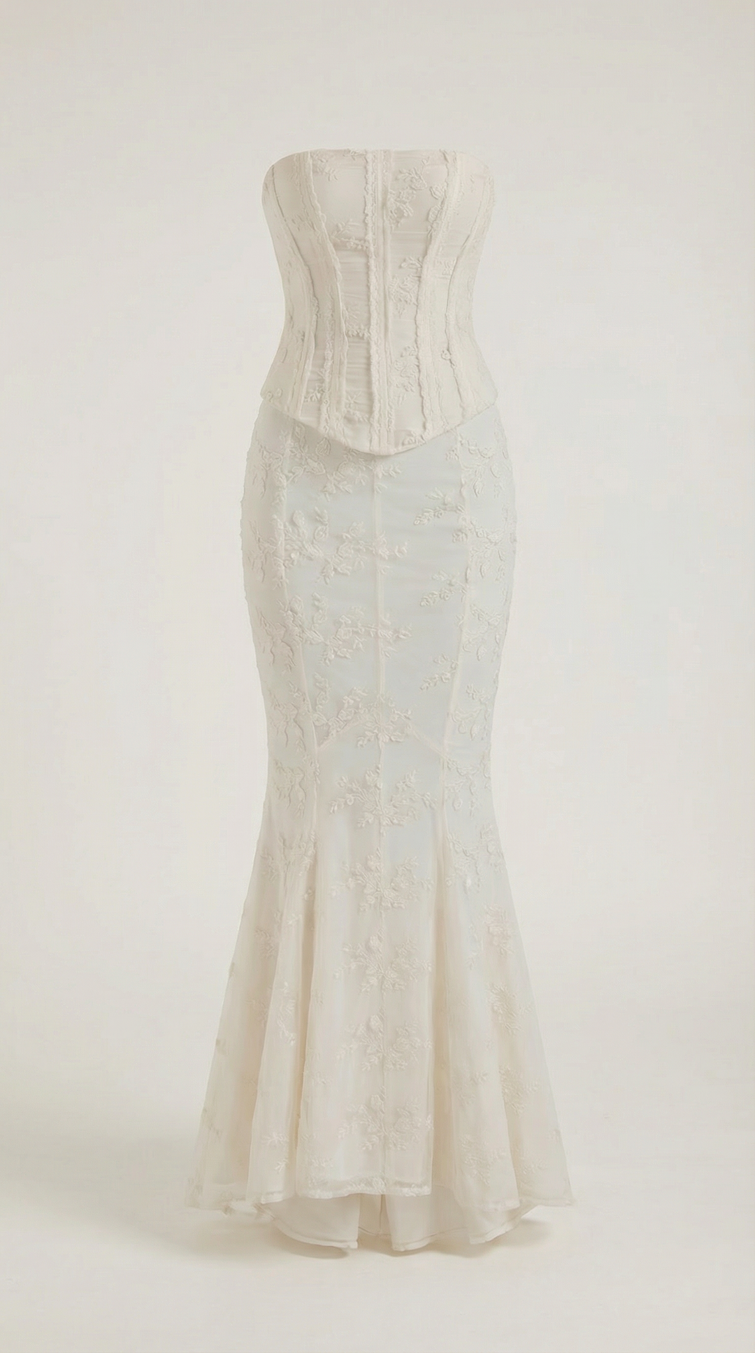 Formal white strapless maxi dress for women, an elegant corset gown with a mermaid silhouette, perfect for weddings & parties.
