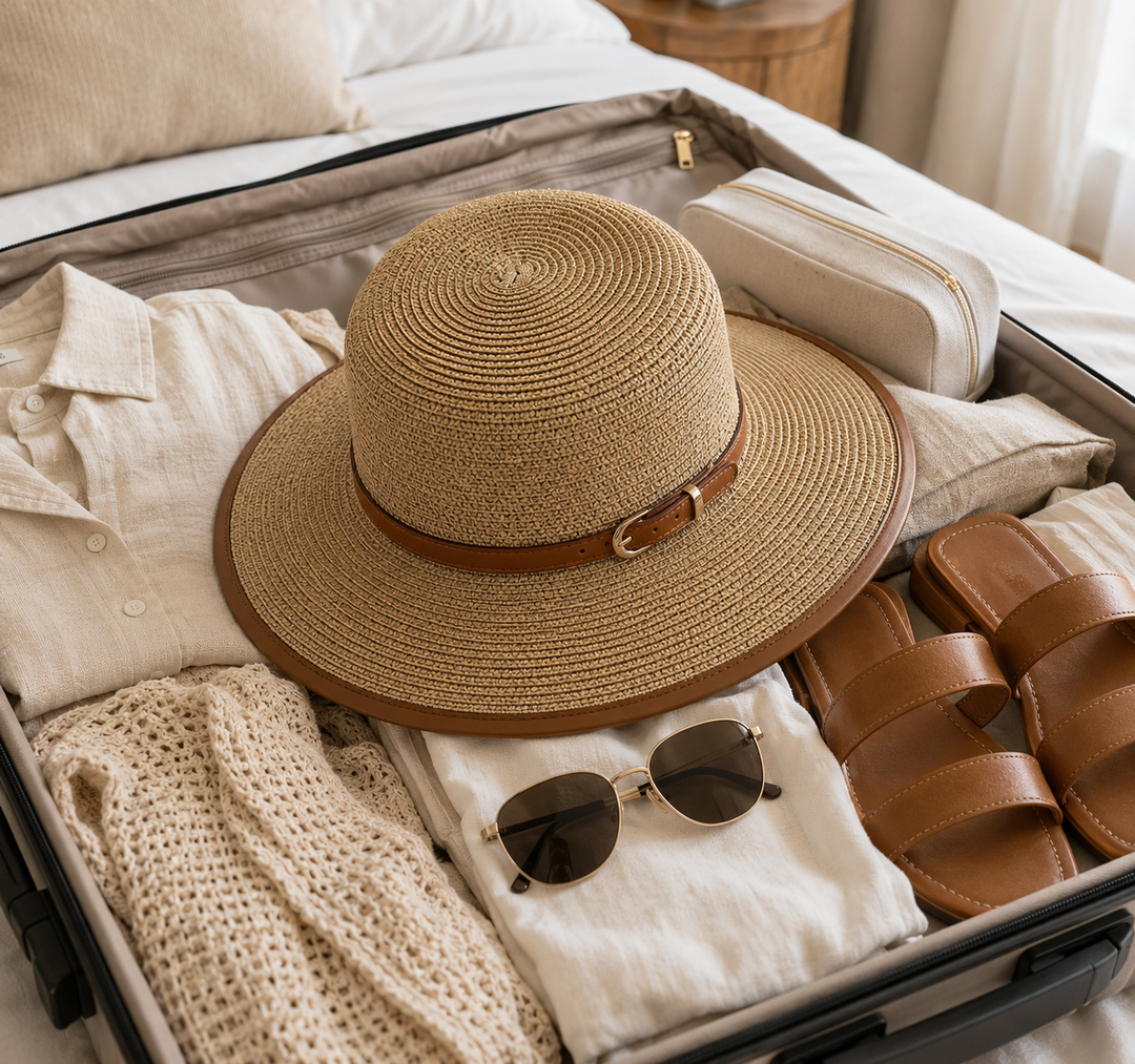 Stylish wide-brim women's sun hat with a distinctive belted trim, offering excellent sun protection.