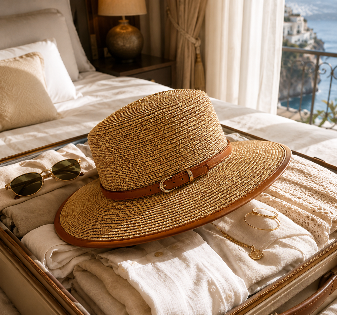 Versatile women's wide-brim summer hat with an elegant belted trim, ideal for beach, travel, & fashion.