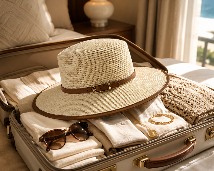 Women's wide-brim sun protection hat with elegant belted trim. A fashionable accessory for any sunny day.