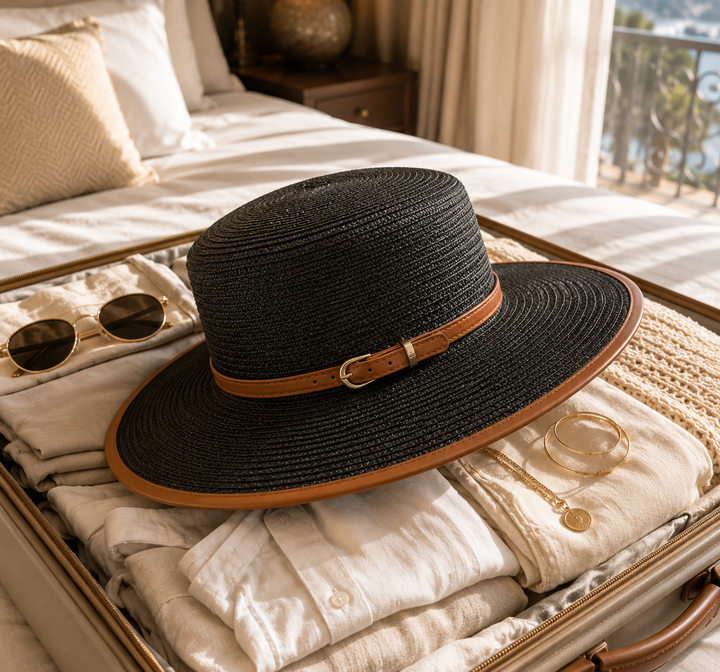 Sophisticated women's wide-brim fashion hat featuring an elegant belted trim. Perfect summer accessory.