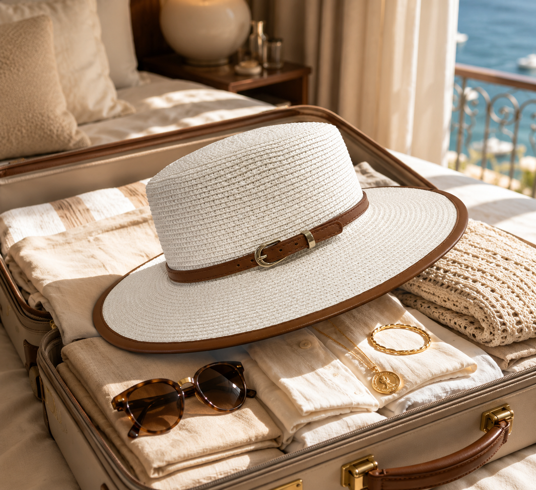 Elegant women's wide-brim vacation sun hat with a chic belted trim, providing stylish sun protection.
