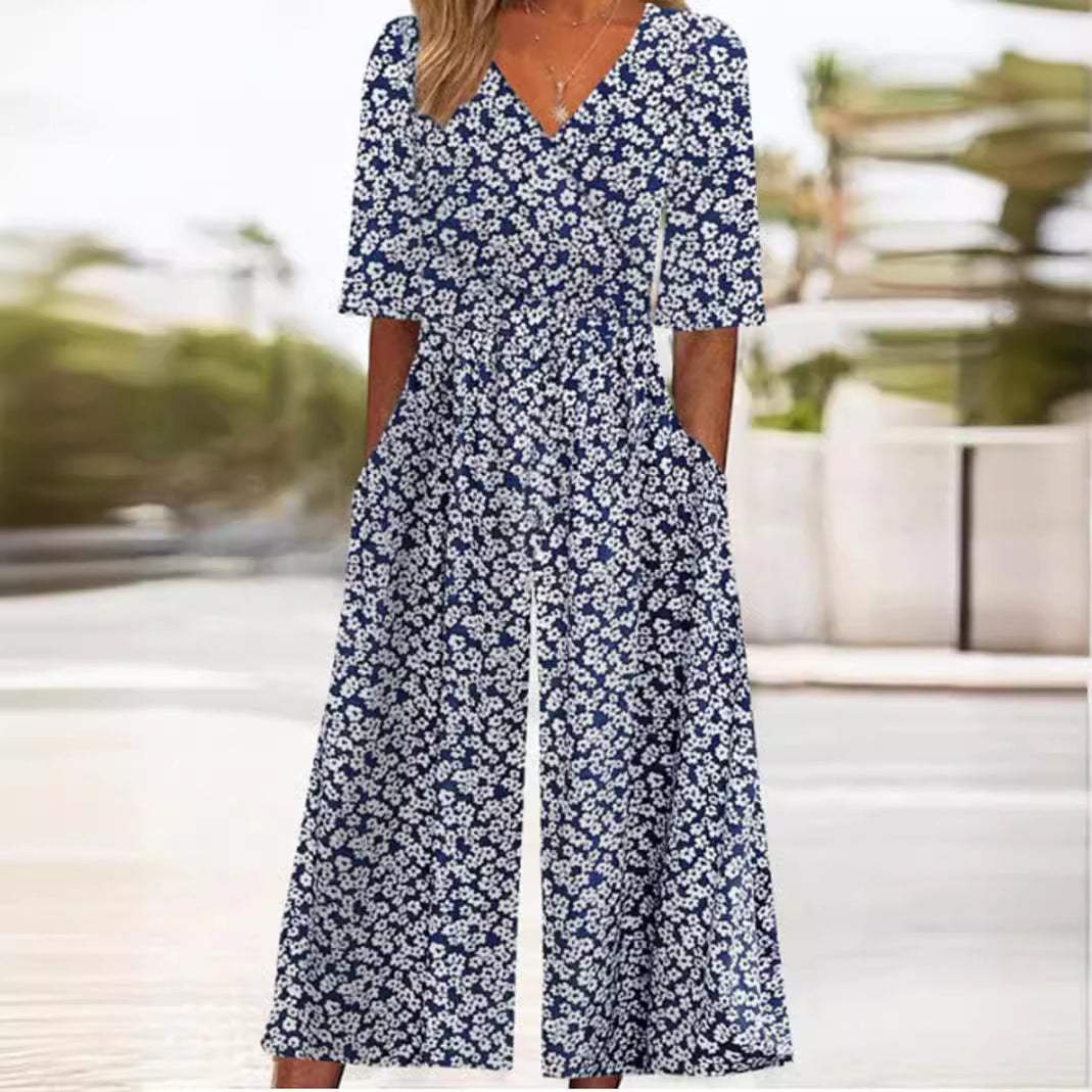 Stylish women's wide leg jumpsuit in a relaxed fit. Offers elegant comfort for spring and summer casual wear.