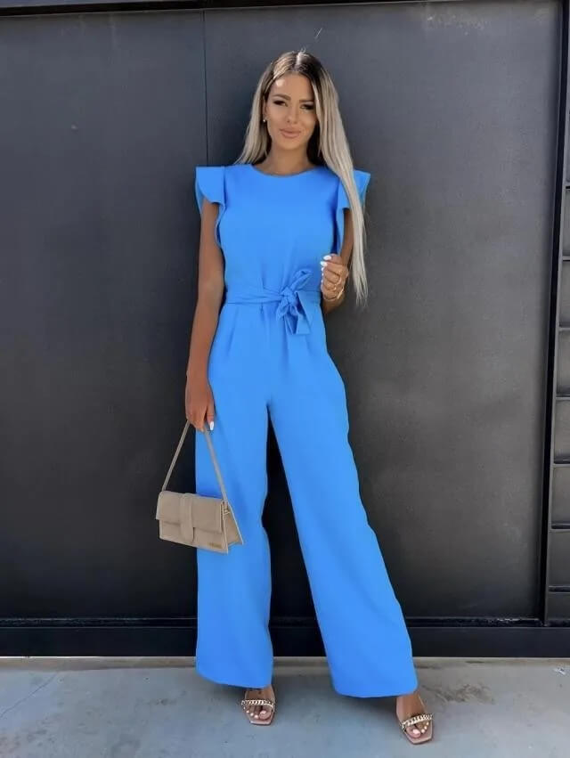 Stylish women's elegant wide-leg jumpsuit with butterfly sleeves, offering chic comfort.