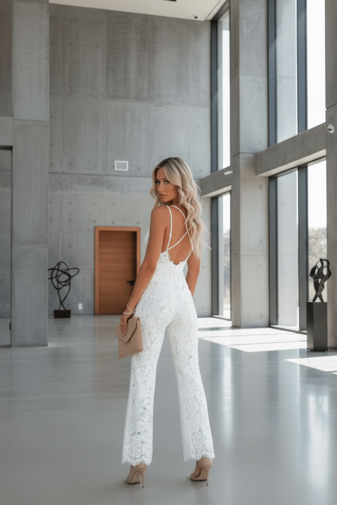 Versatile women's elegant wide-leg jumpsuit. Ideal for special occasions, evening wear, or a formal party outfit. Modern chic.