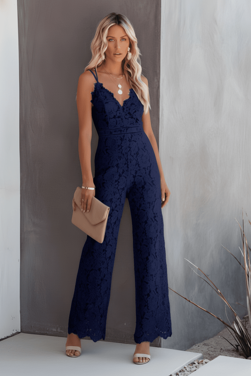 Sophisticated women's wide-leg jumpsuit. Elegant evening wear, perfect for special occasions & formal parties. Chic, modern style.