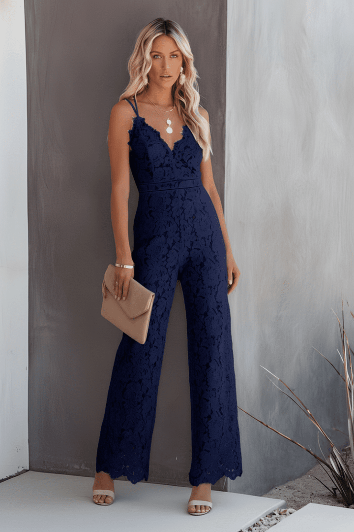Sophisticated women's wide-leg jumpsuit. Elegant evening wear, perfect for special occasions & formal parties. Chic, modern style.