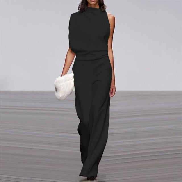 Chic sleeveless wide-leg jumpsuit for women, perfect for elegant party wear or stylish resort outfits. Effortless style.