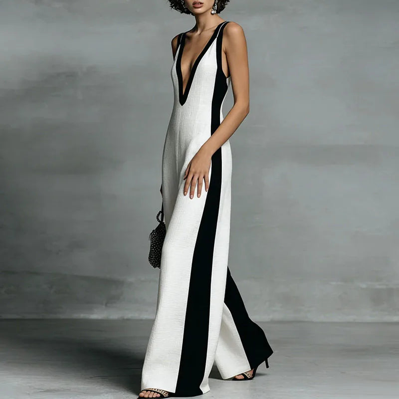 Modern women's striped wide-leg jumpsuit, deep V-neck design. Sleeveless and elegant one-piece fashion.