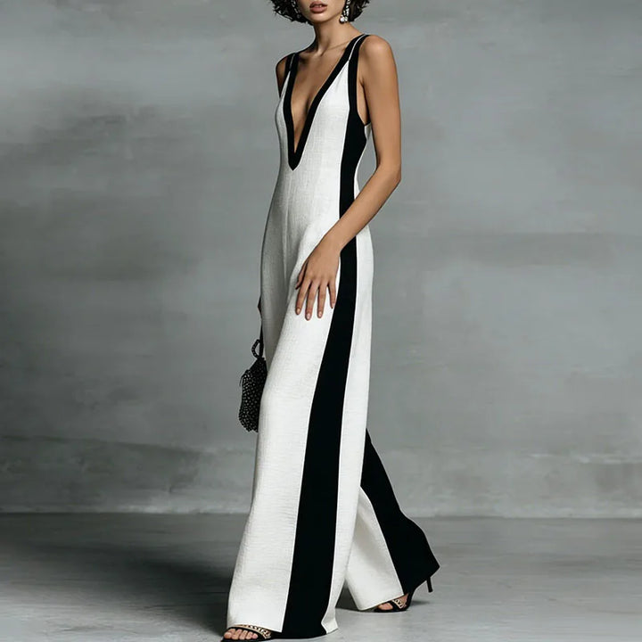 Modern women's striped wide-leg jumpsuit, deep V-neck design. Sleeveless and elegant one-piece fashion.