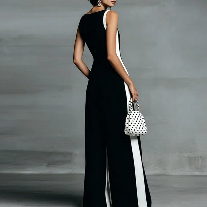 Comfortable & stylish women's wide-leg jumpsuit, deep V-neck. Striped, sleeveless, perfect for elegant summer.