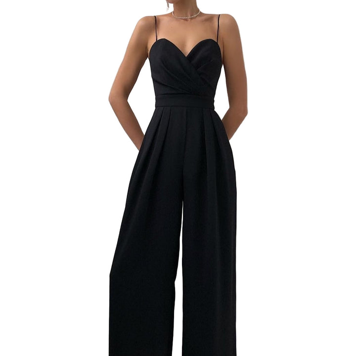Elegant women's wide-leg jumpsuit with delicate spaghetti straps, perfect for formal events & evening wear.