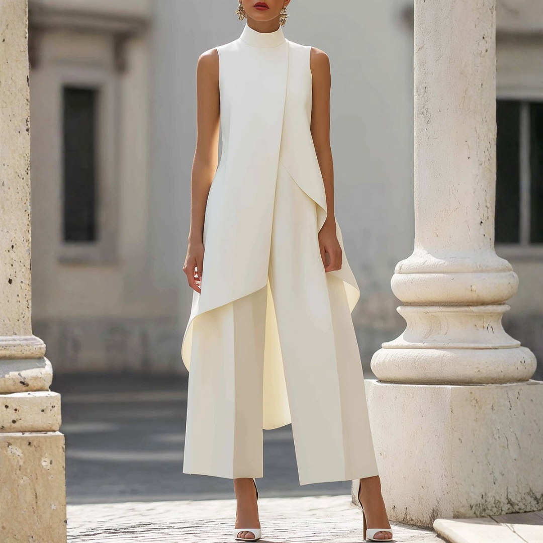 Elegant women's wide-leg jumpsuit with drop waist. Sophisticated modern style, perfect for formal wear.