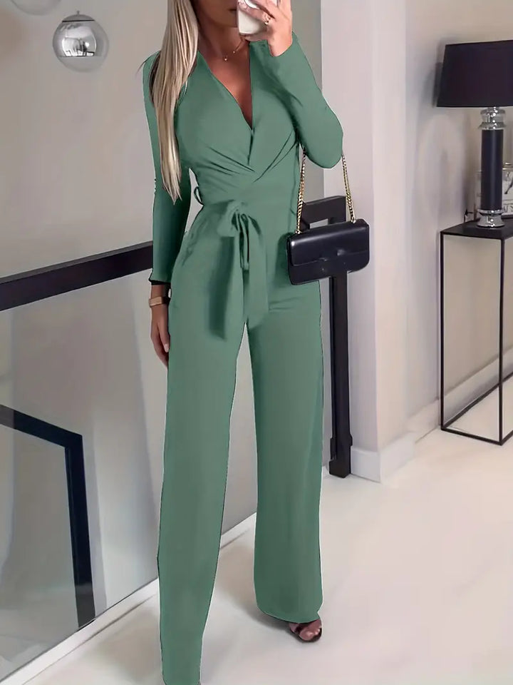 Elegant women's wide-leg V-neck jumpsuit with a stylish belt, perfect for versatile fashion.