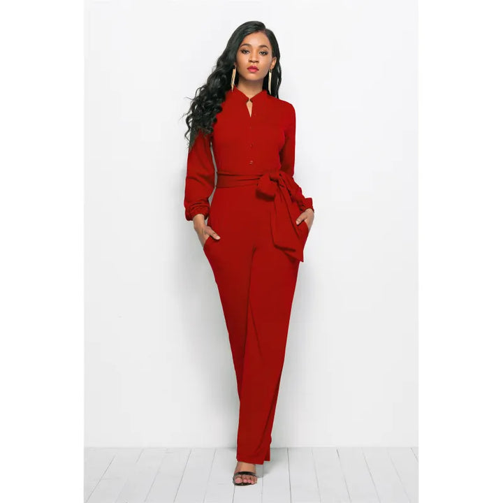 Chic women's wide-leg V-neck jumpsuit with a sophisticated belt, combining elegance and modern style.