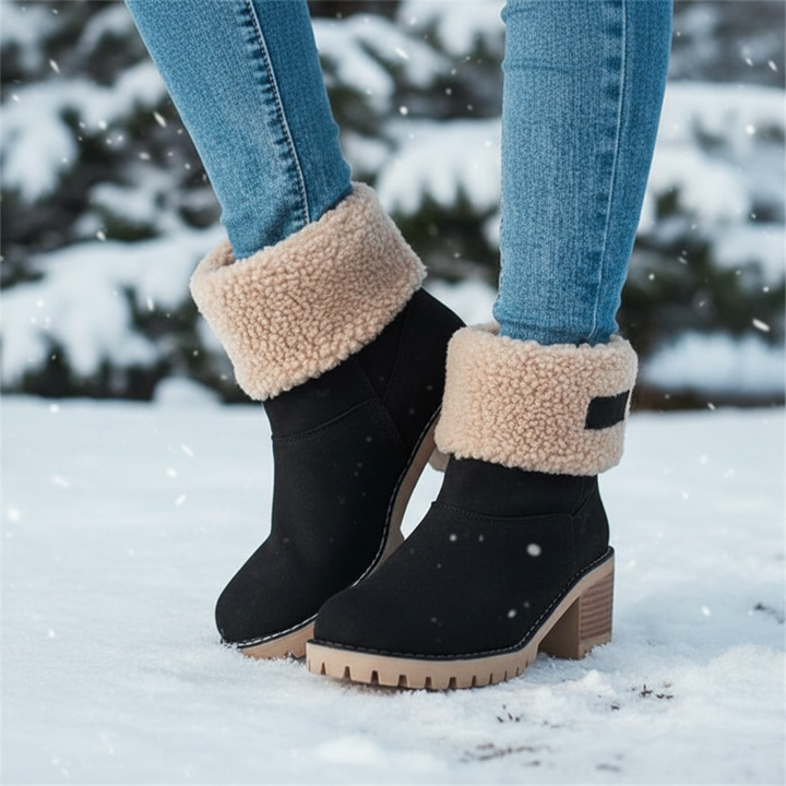 Elegant women's winter boots, faux fur lined, black synthetic leather, low comfortable heel