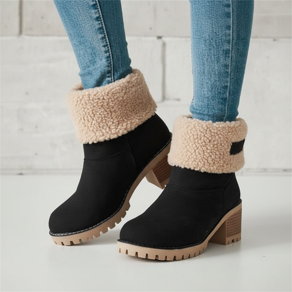 Stylish Annette winter boots for women, weatherproof black synthetic leather, warm faux fur lining