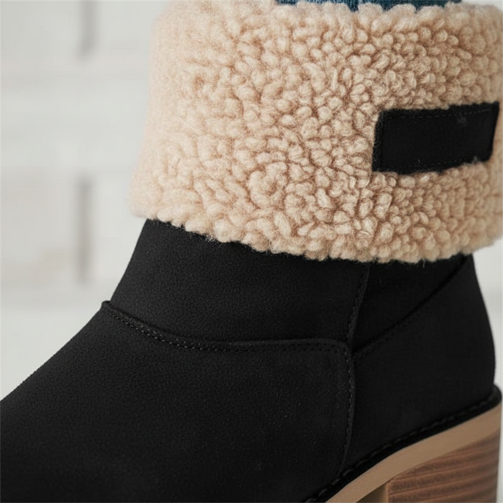 Close-up of elegant women's winter boots with soft faux fur lining and durable synthetic leather