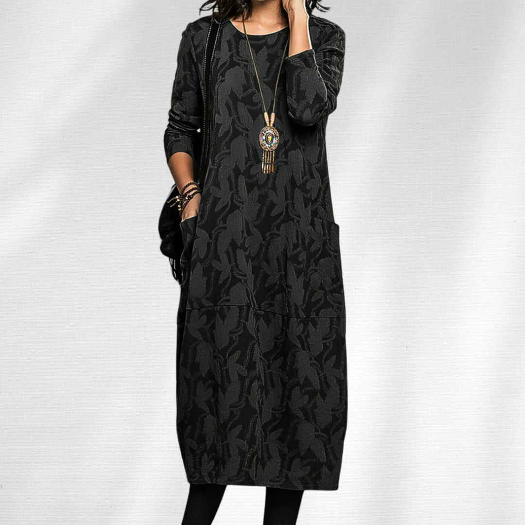Cozy women's winter dress with a comfortable crewneck, long sleeves, and convenient pockets for elegant and casual wear.