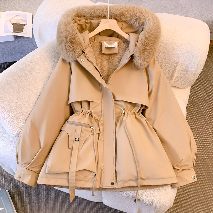 Chic women's long sleeve winter jacket, elegant & warm. Insulated outerwear for stylish cold weather protection.