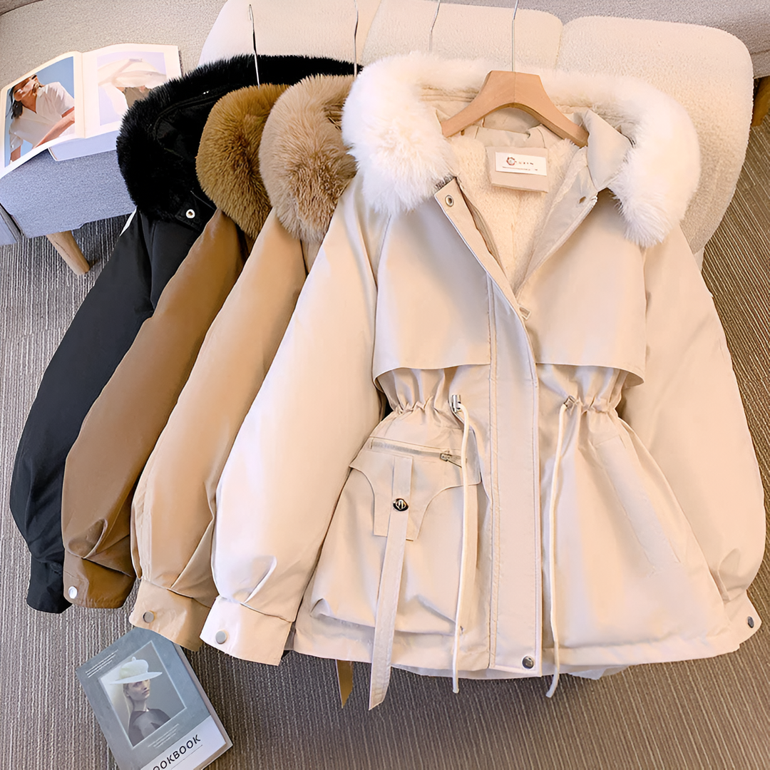 Elegant women's winter coat, warm & fashionable. Chic long sleeve jacket, insulated for cold weather style.