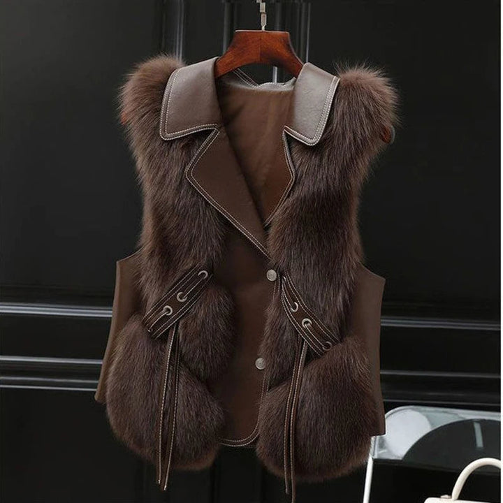 Elegant women's winter vest with oversized lapel & adjustable fit, chic sleeveless outerwear for warmth.