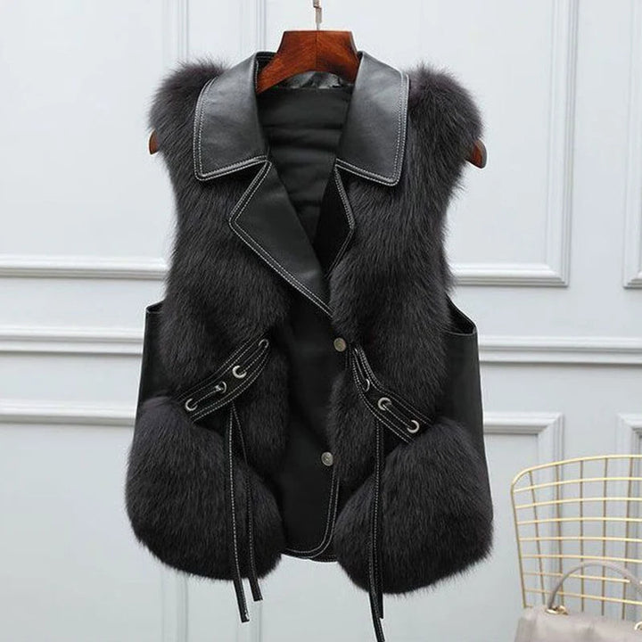 Stylish women's winter vest. Elegant design, oversized lapel for chic outerwear layering. Cozy & warm.