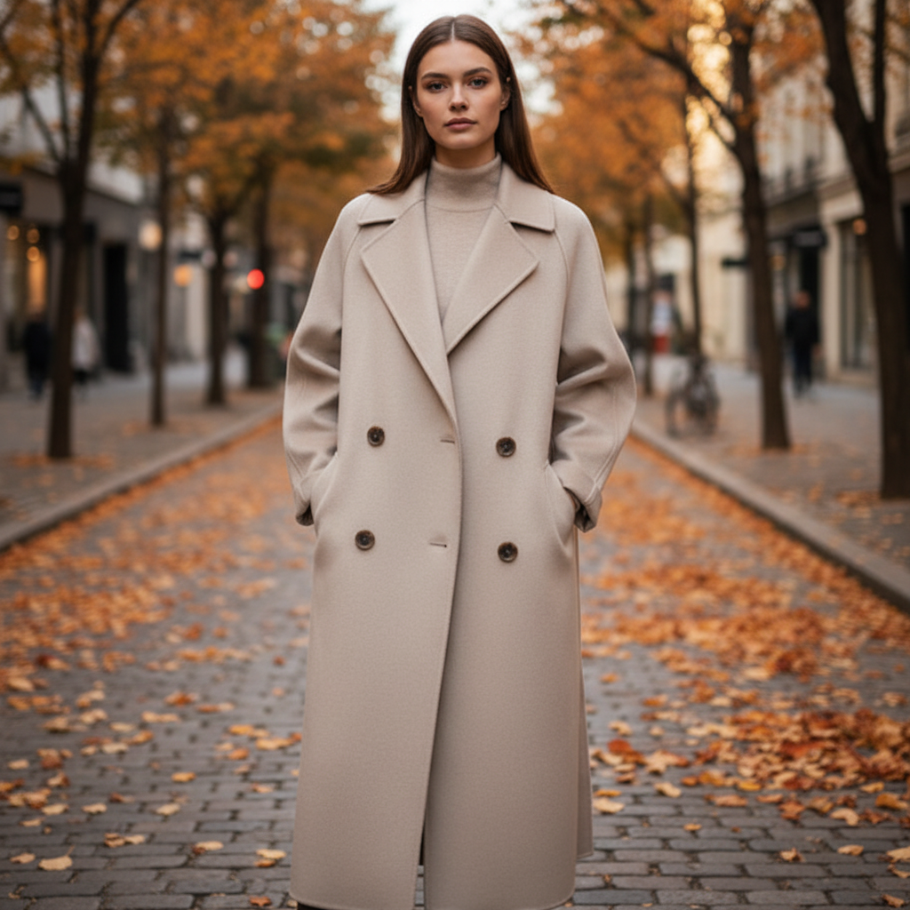 Elegant women's wool blend double-breasted long coat in classic style, perfect for winter and autumn