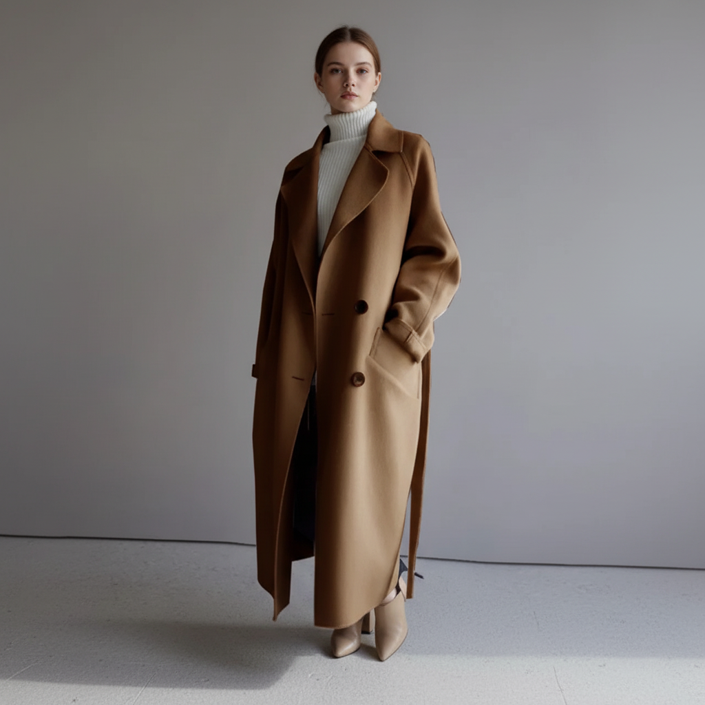 Women's elegant autumn/winter coat: long, double-breasted, and made from a premium wool blend