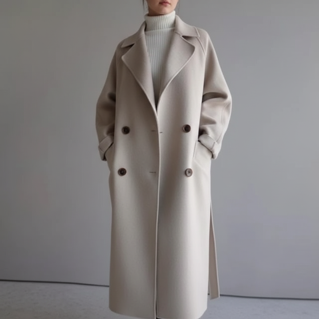 Maja women's long double-breasted wool blend coat, a chic and elegant outerwear for cold weather