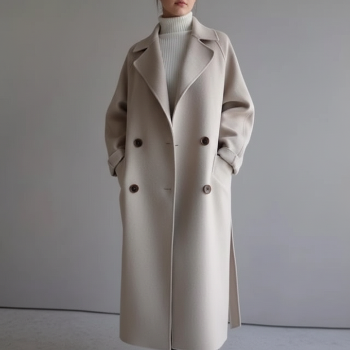 Maja women's long double-breasted wool blend coat, a chic and elegant outerwear for cold weather