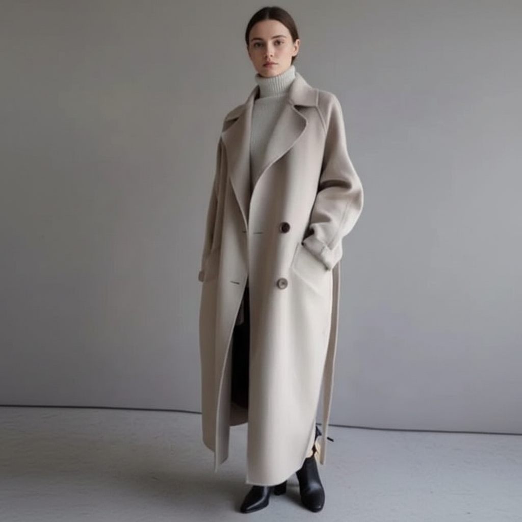 Fashionable women's long coat, double-breasted and crafted from a comfortable wool blend for winter