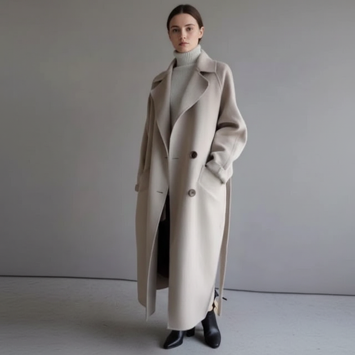 Fashionable women's long coat, double-breasted and crafted from a comfortable wool blend for winter