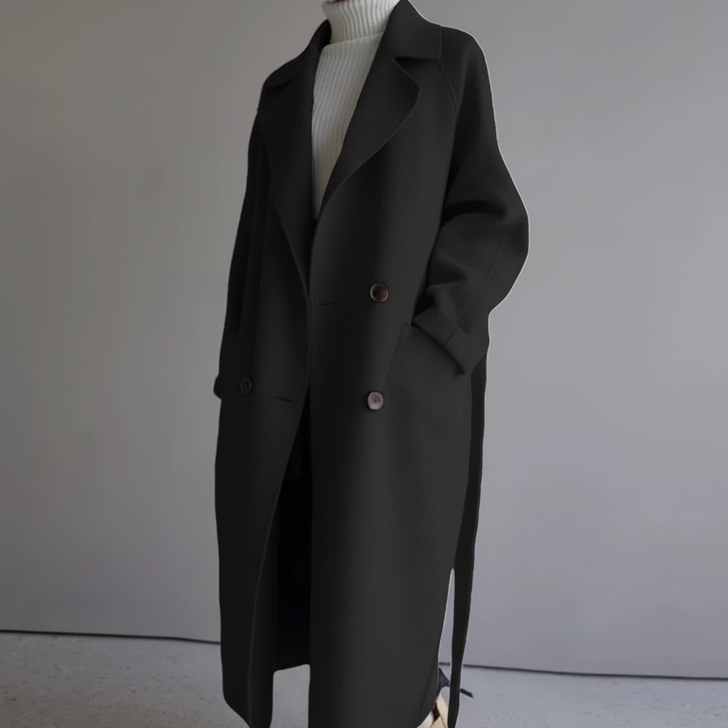 Maja classic style double-breasted long wool blend coat for women, elegant and warm outerwear