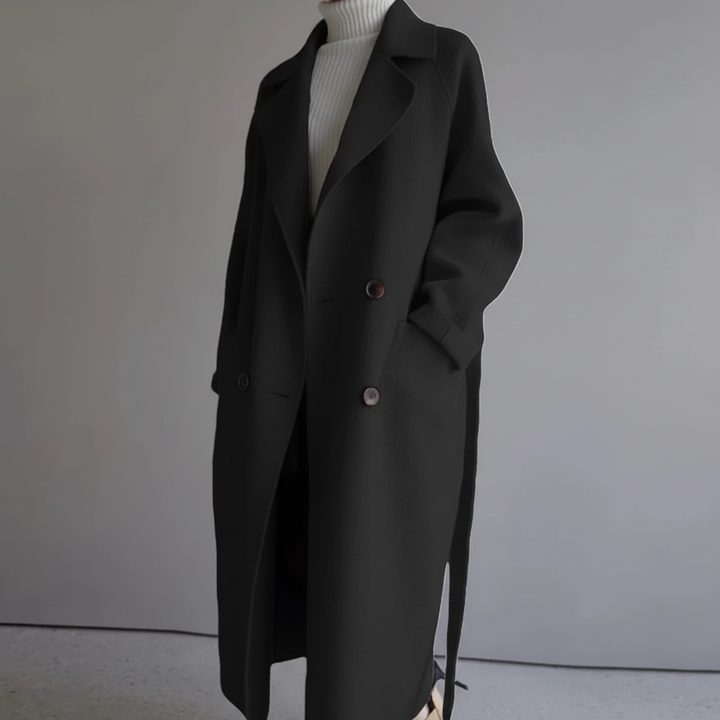 Maja classic style double-breasted long wool blend coat for women, elegant and warm outerwear