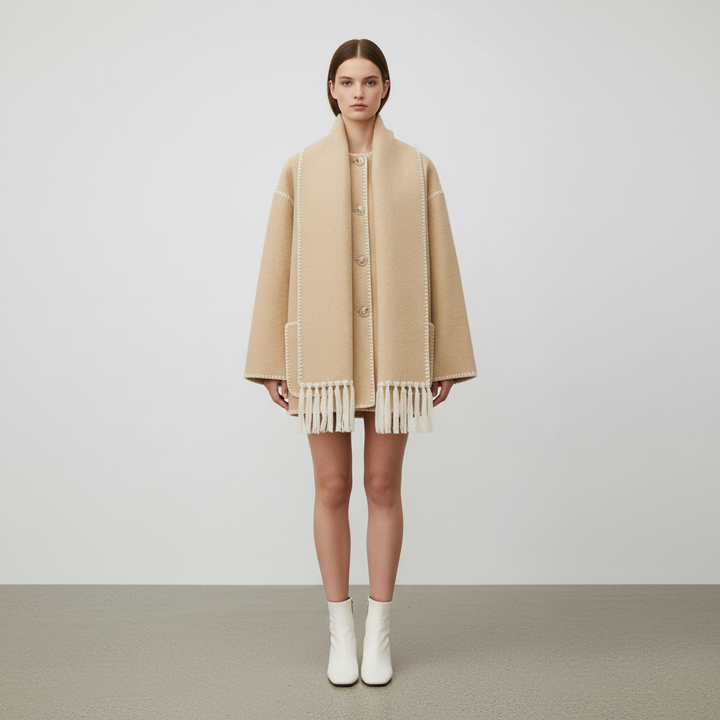 Elegant women's midi coat in a premium wool blend, an essential for cold weather