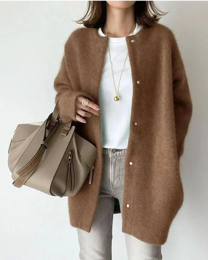 Elegant long sleeve women's cardigan, made from warm wool & mohair, ideal for cozy styling.