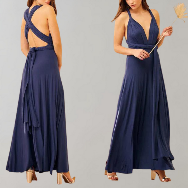 Beautiful women's elegant wrap dress, versatile day-to-night. Chic maxi dress, great for parties or work.