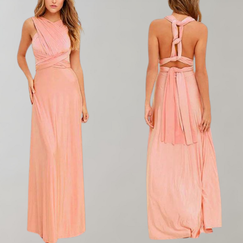 Elegant women's long wrap dress, Tia style, offering versatile fashion. Ideal for special events or daily wear.