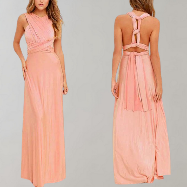Elegant women's long wrap dress, Tia style, offering versatile fashion. Ideal for special events or daily wear.