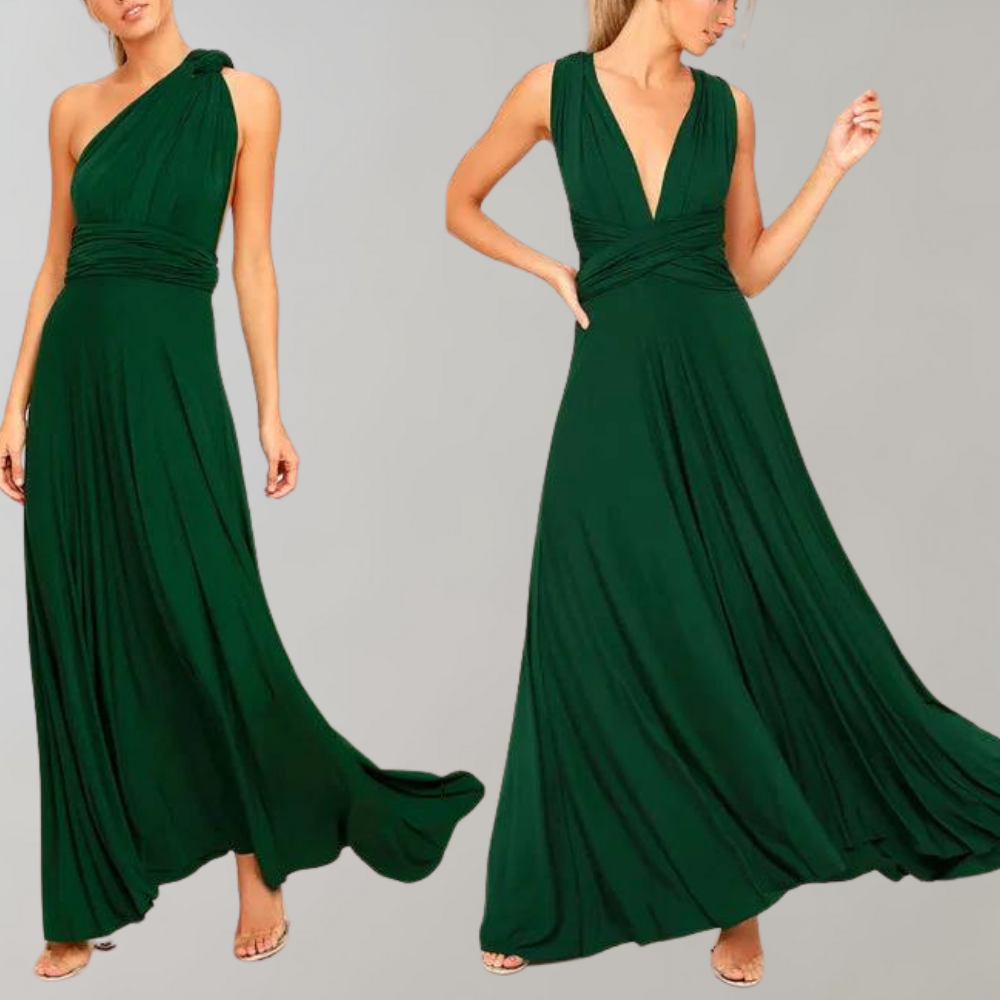 Fashionable women's elegant wrap dress, versatile for party or formal events. A comfortable long maxi style.