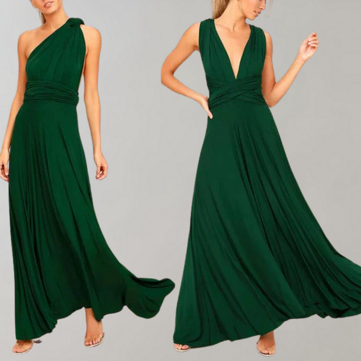 Fashionable women's elegant wrap dress, versatile for party or formal events. A comfortable long maxi style.