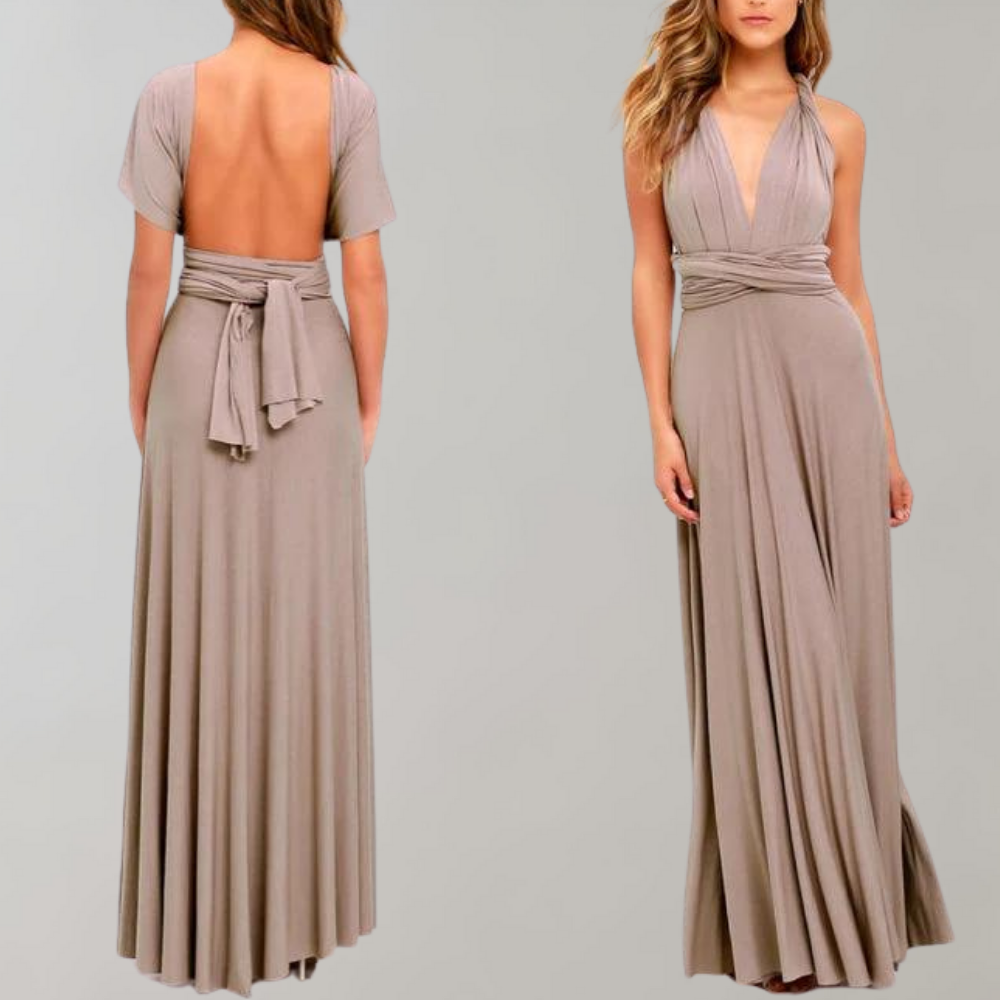Sophisticated women's elegant wrap dress, versatile for formal dinners or casual gatherings. Long length.