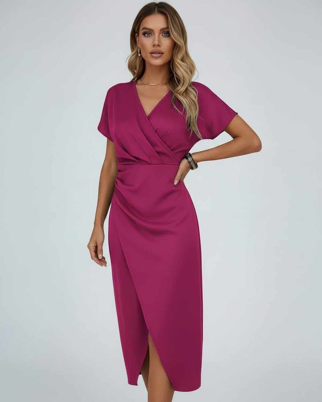 Elegant women's wrap midi dress with flattering waist, V-neck, and stylish split hem, perfect for sophisticated occasions.