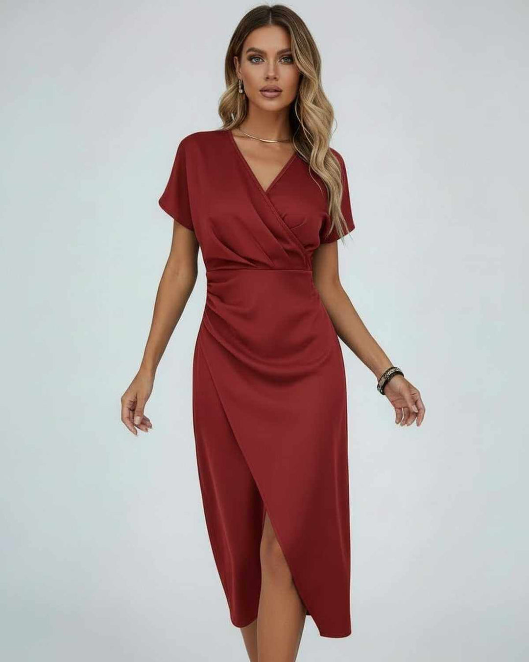 Flattering women's midi wrap dress with a V-neck, short sleeves, and stylish split hem, enhancing an elegant silhouette.