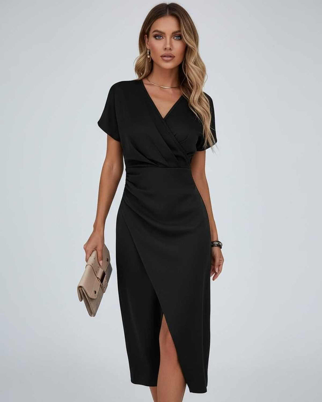 Sophisticated women's elegant midi wrap dress, V-neck, short sleeve, and split hem, offering comfort & style.