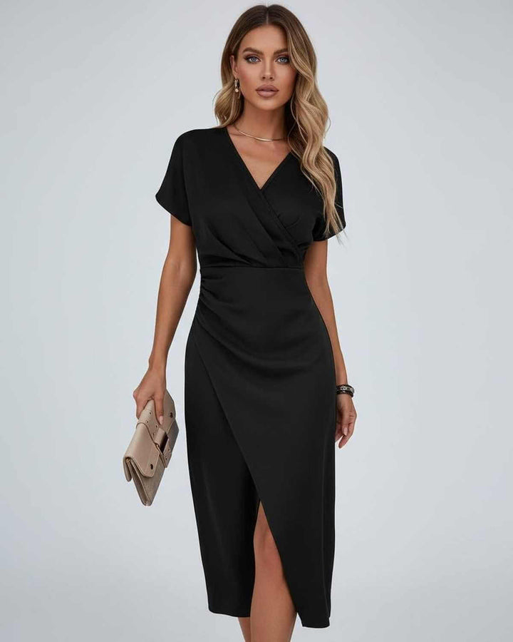 Sophisticated women's elegant midi wrap dress, V-neck, short sleeve, and split hem, offering comfort & style.