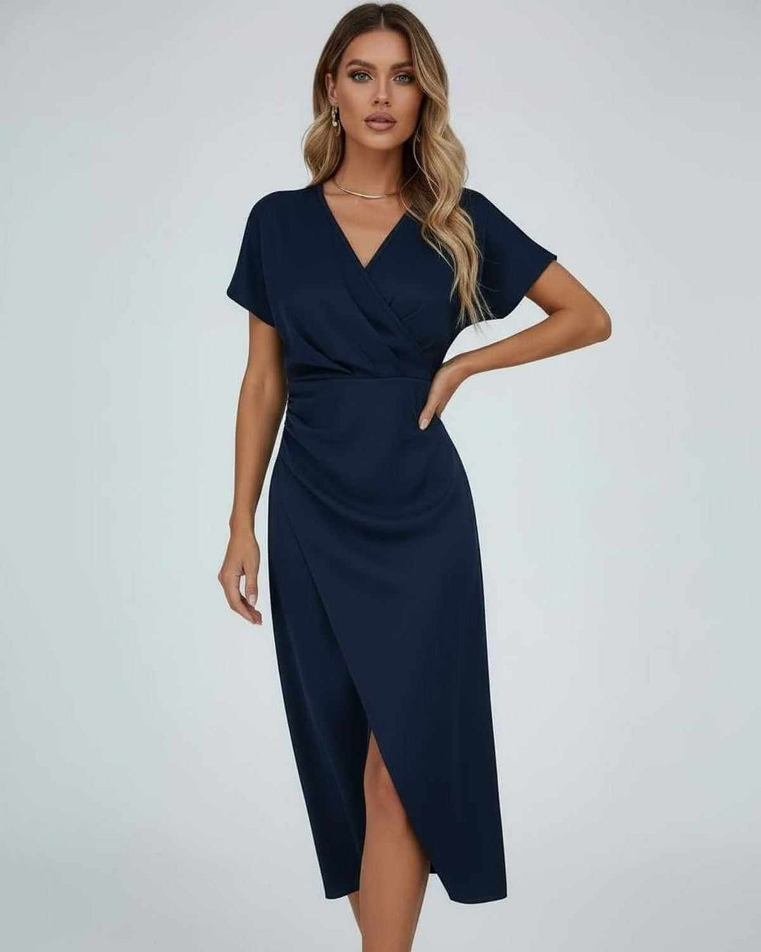 Stylish women's elegant midi wrap dress featuring a V-neck, short sleeves, flattering waist, and chic split hem.