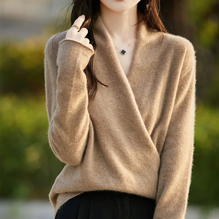 Fashionable women's V-neck wrap sweater, designed for sophisticated and effortless comfort wear.