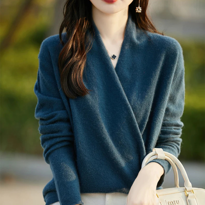Sophisticated V-neck wrap sweater for women, ideal for stylish and comfortable layered looks.